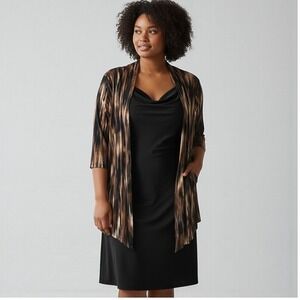 Dressbarn Women's Black Cowl Neck Sheath dress Abstract Print Open Front size 18